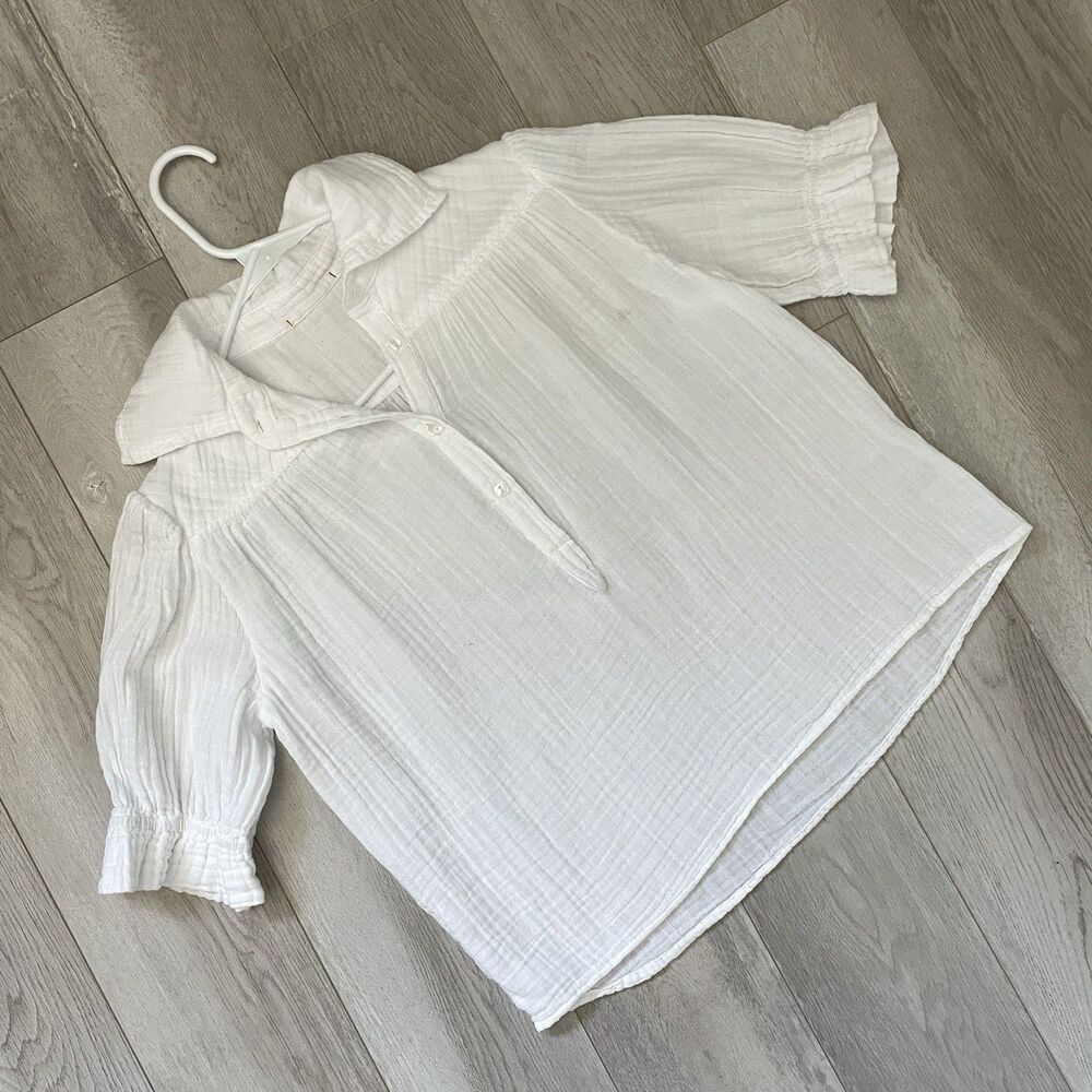 Starkx Gauze Top cotton button up puff sleeve womens White small coastal natural